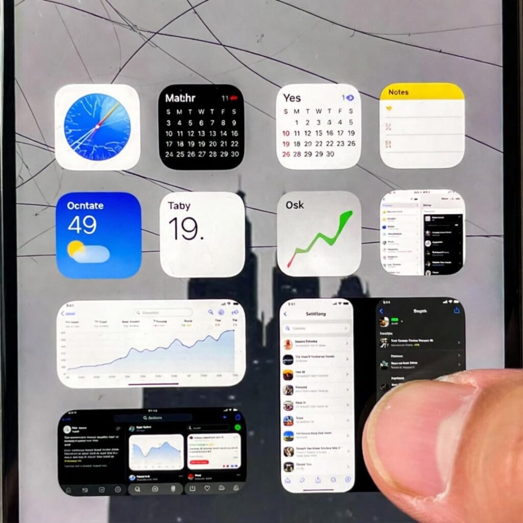 Cracked phone screen showing cluttered travel apps.