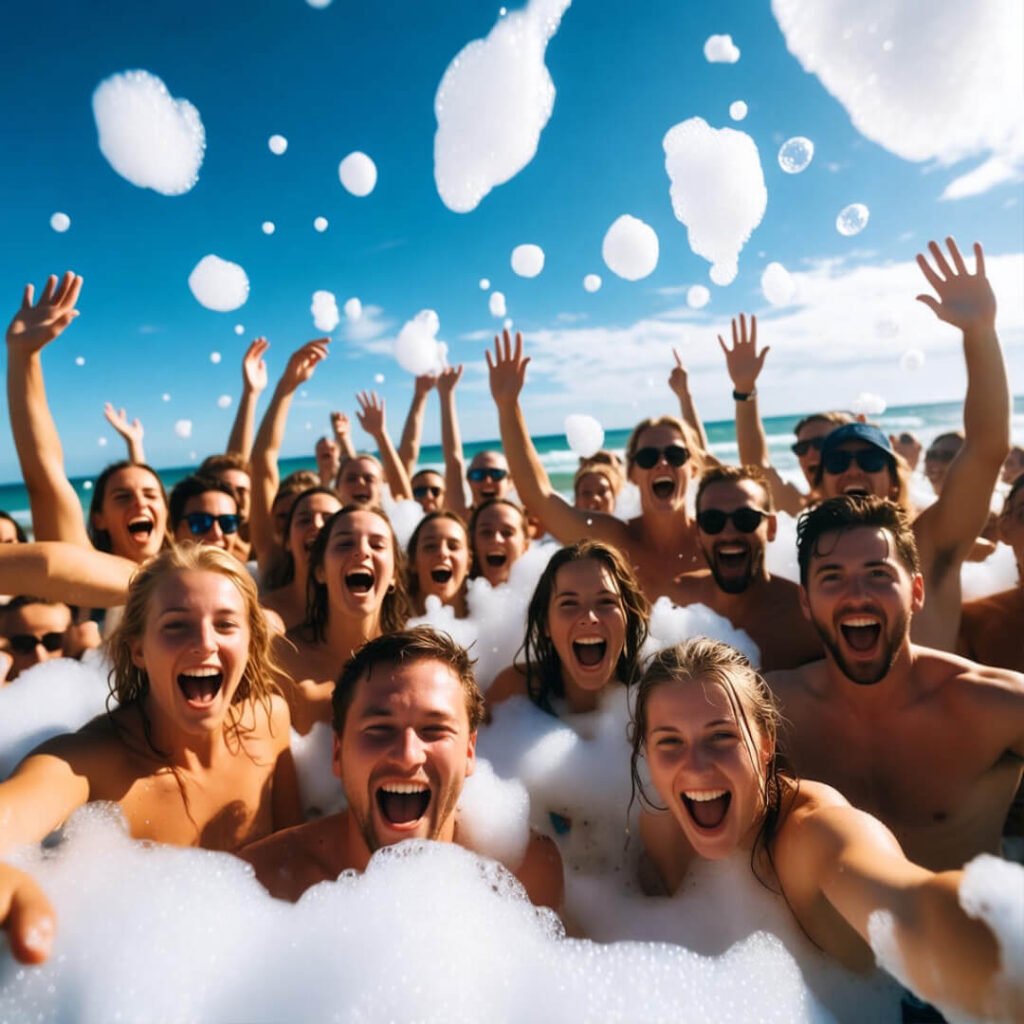 Chaotic foam party fun in Cancun crowd.