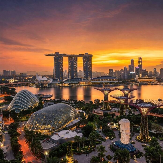 Singapore Skyline Dusk: Marina Bay Sands & Gardens