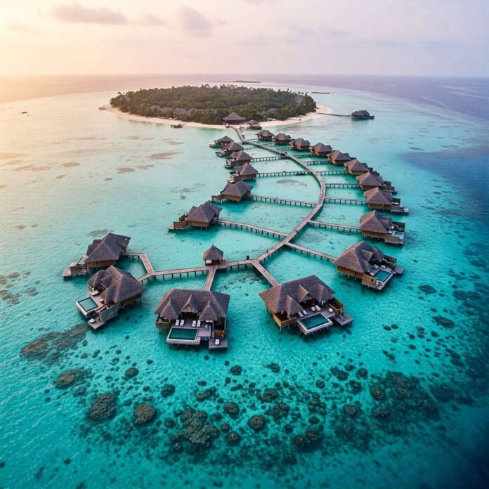 Aerial Soneva Fushi Bungalows, Maldives