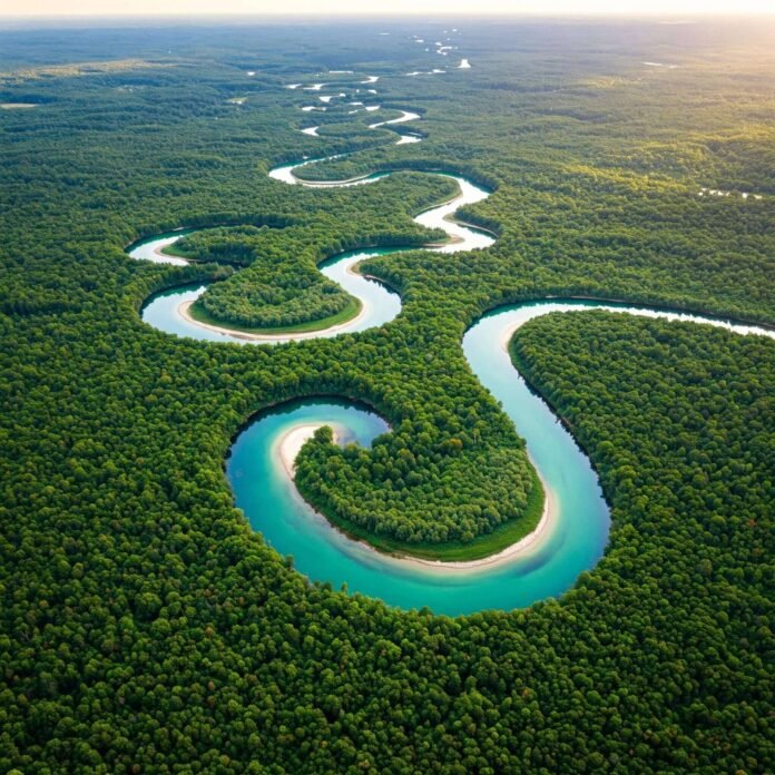 Aerial River Through Forest