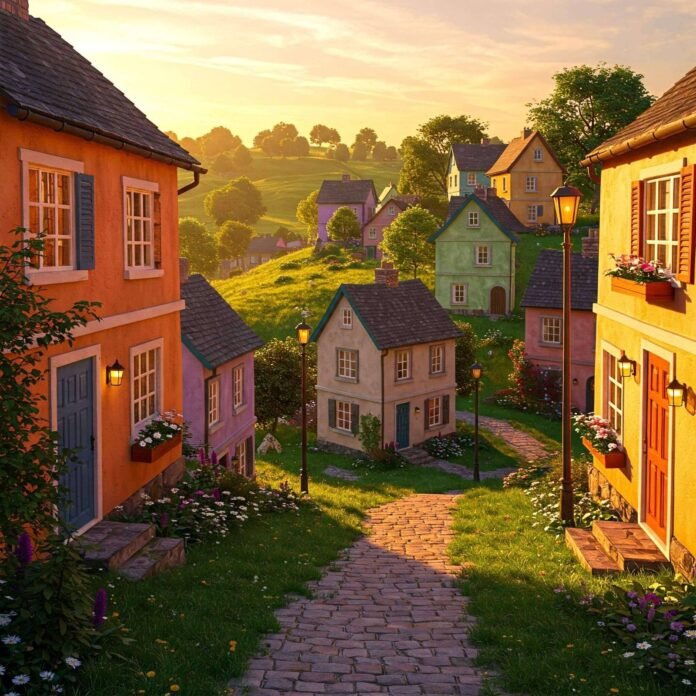 Cozy Village Sunset: Colorful Cottages & Serene Hills