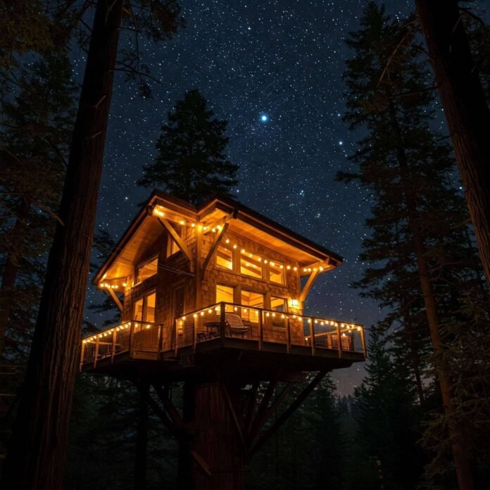 Breathtaking Illuminated Treehouse Under Starry Sky Breathtaking Illuminated Treehouse Under Starry Sky