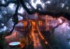 Live Among the Trees: Best Treehouse Stays for a Fairytale Vacation Magical treehouse at misty dusk with glowing bridge.