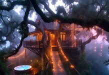 Magical treehouse at misty dusk with glowing bridge.