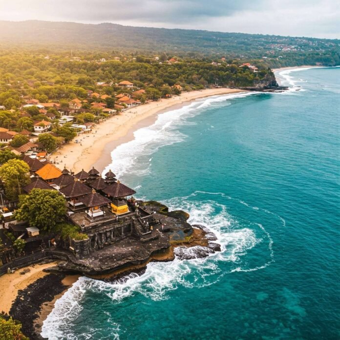 Balinese Coastline Temple: Turquoise Waters & Gold Sands