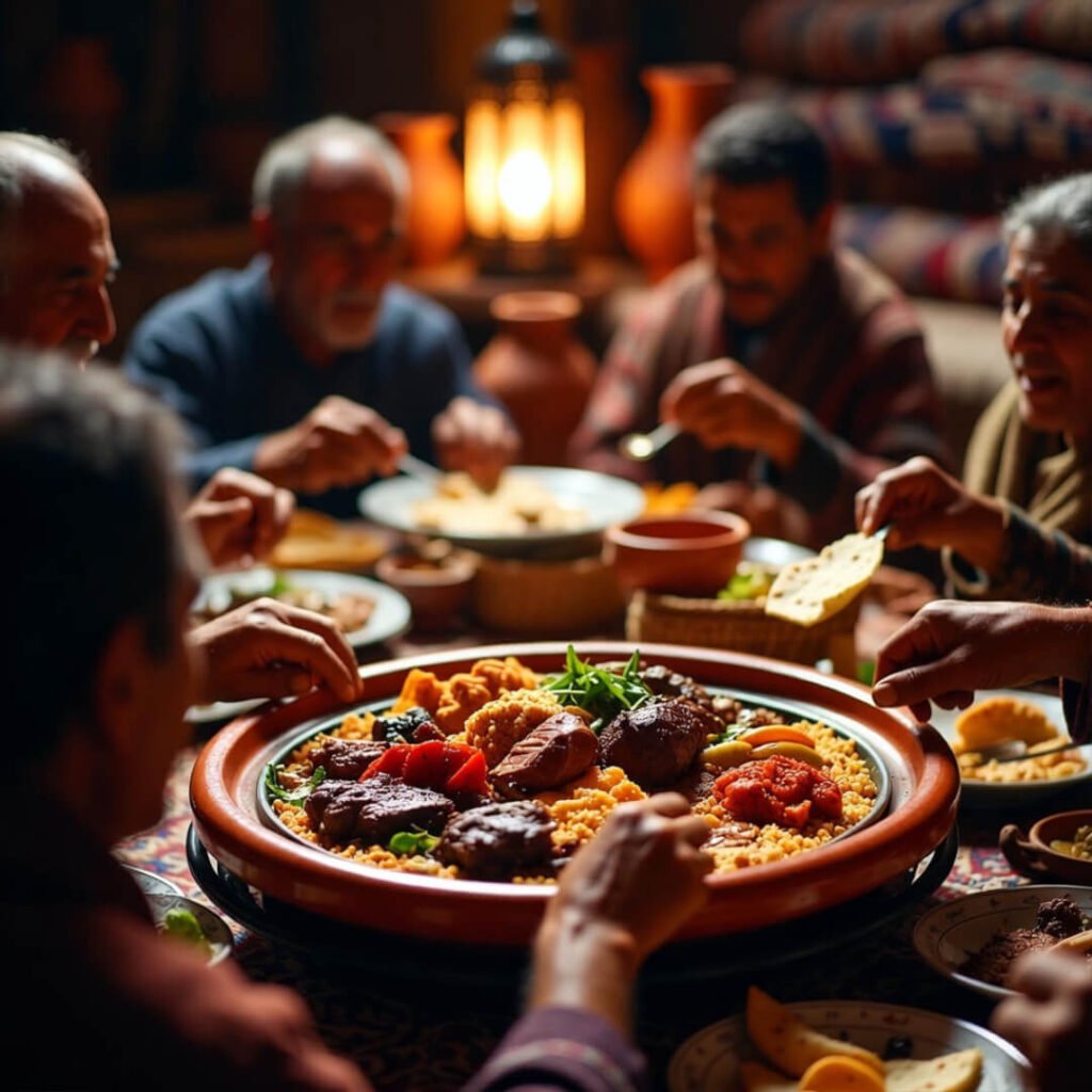 Blurry but real dinner moment in my Morocco authentic village stay, hands reaching for bread.