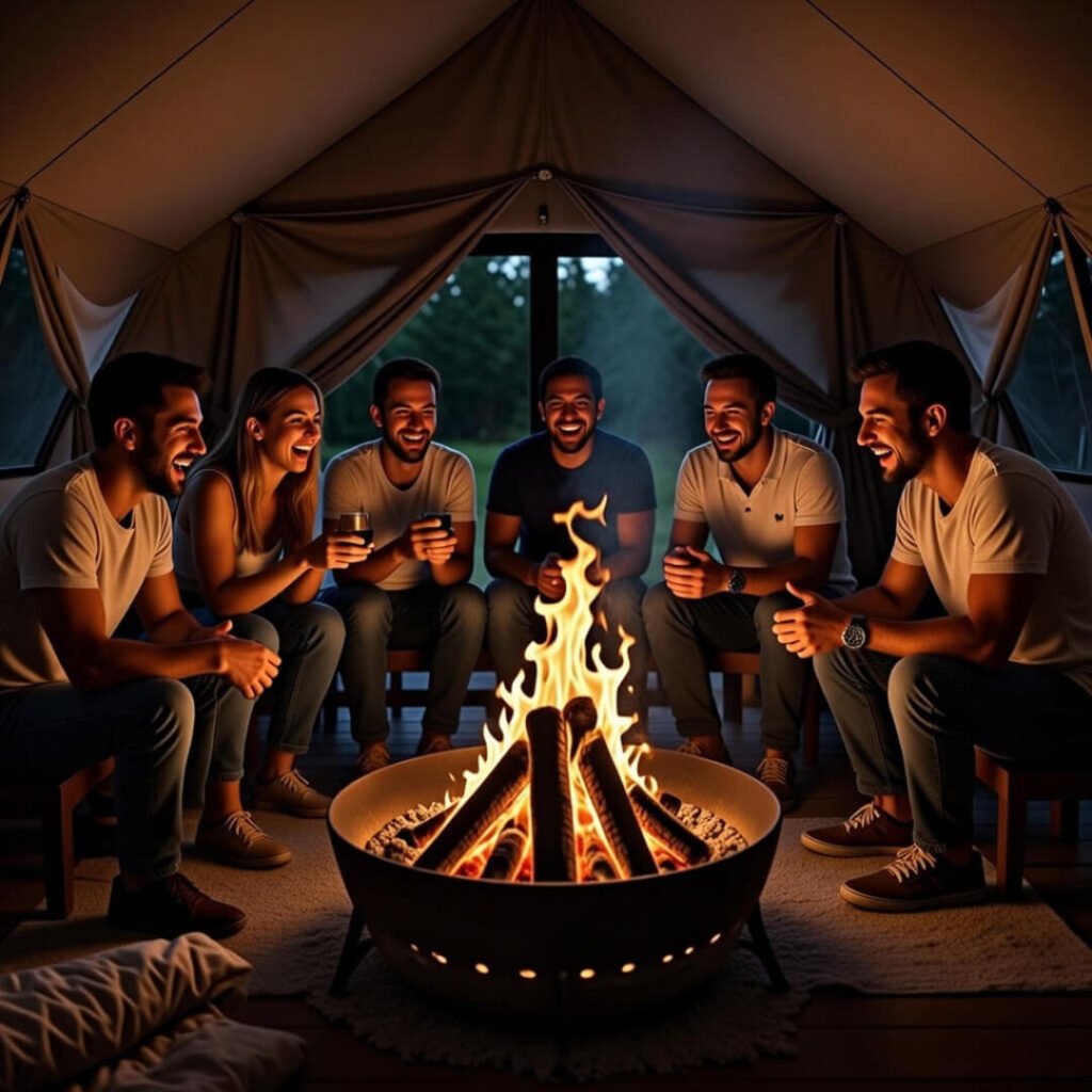 Friends laughing around firepit inside glamping tent.