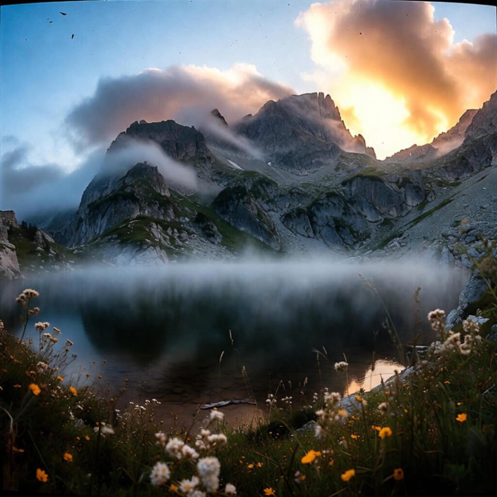 Dawn light over misty alpine lake with wildflowers and jagged peaks