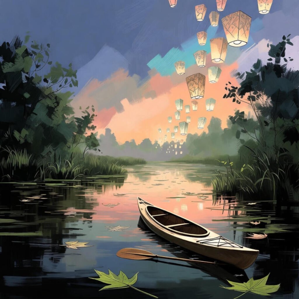 Misty river dawn with floating lanterns and canoe.