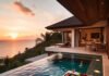 Escape to Paradise: Why Staying in a Pool Villa Is the Ultimate Indulgence Half-eaten floating breakfast in private infinity pool at sunset.