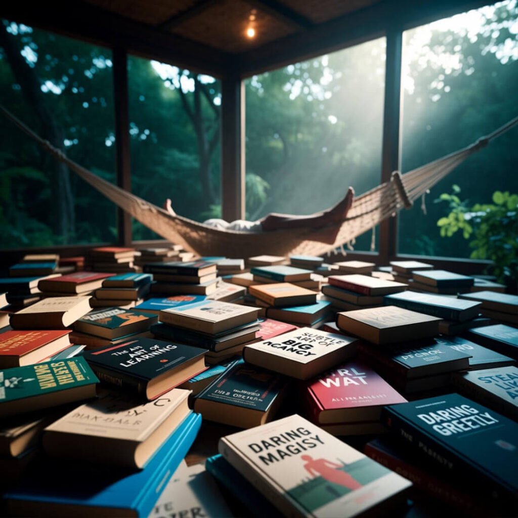 Messy pile of books with hammock and lush green view.