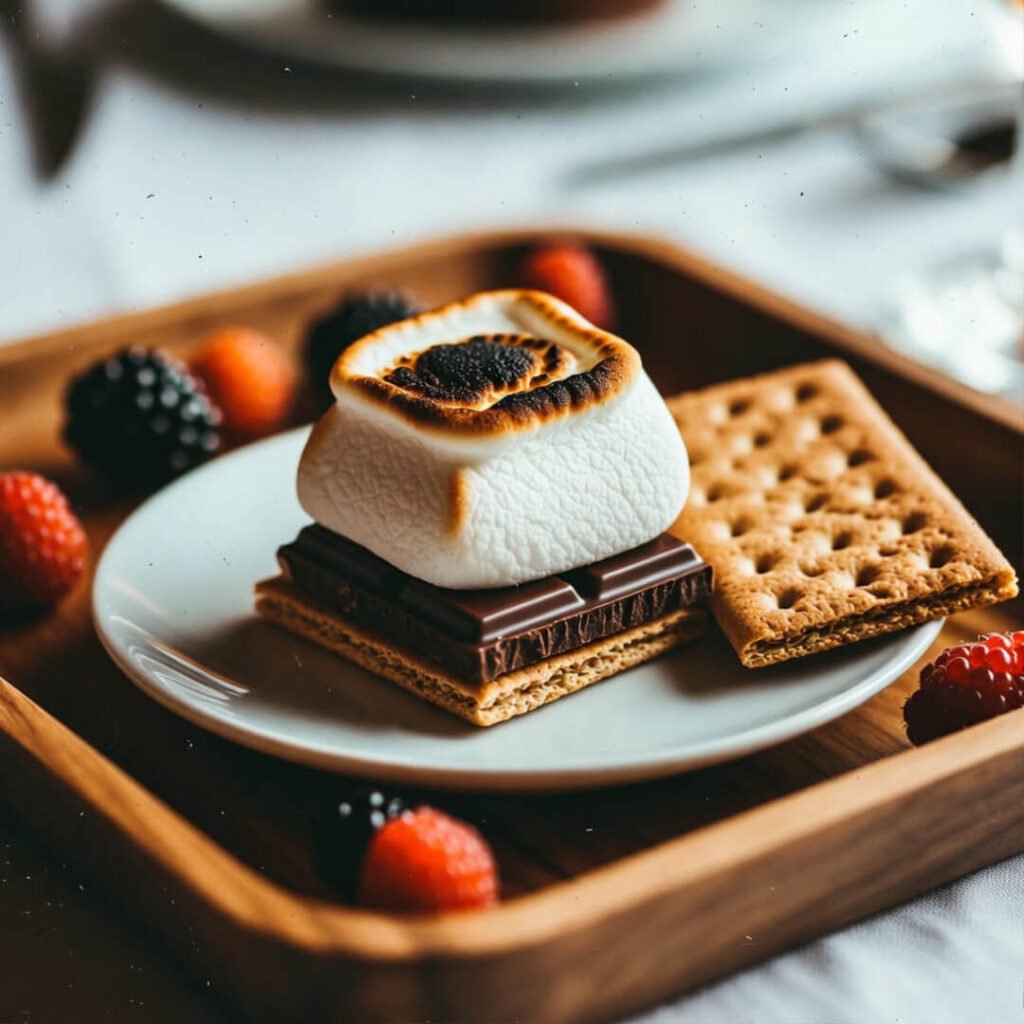 Gourmet charred s'more with scattered berries.