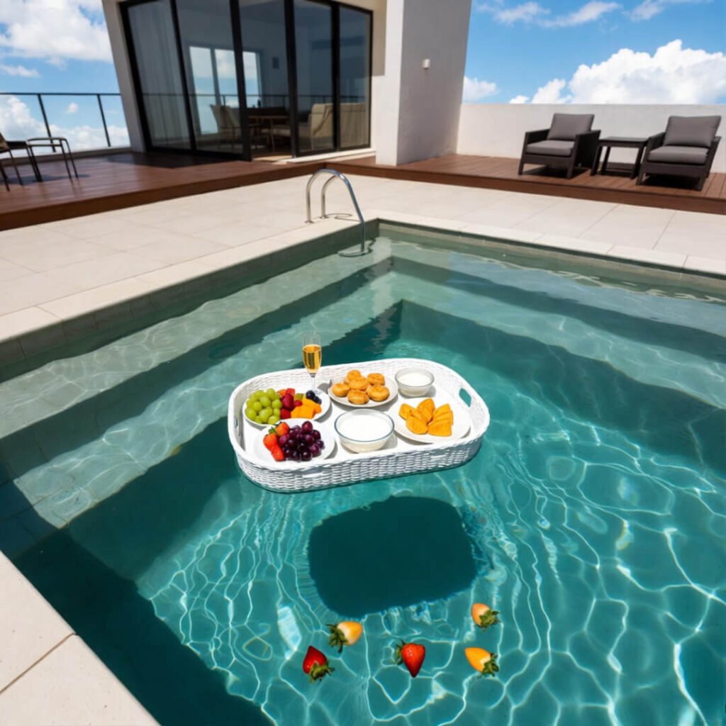 Spilled strawberries around drifting breakfast tray in pool.
