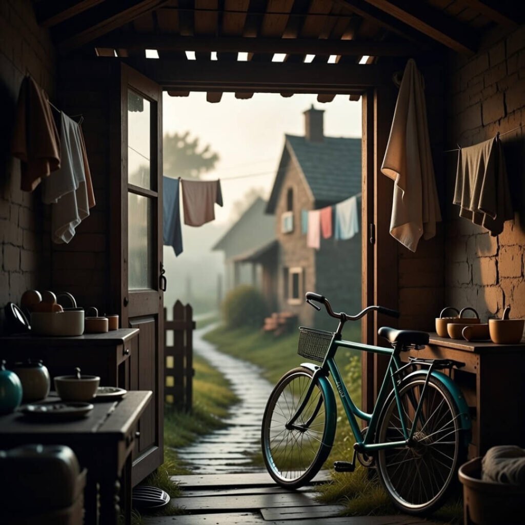 View through farmhouse door to misty village street.