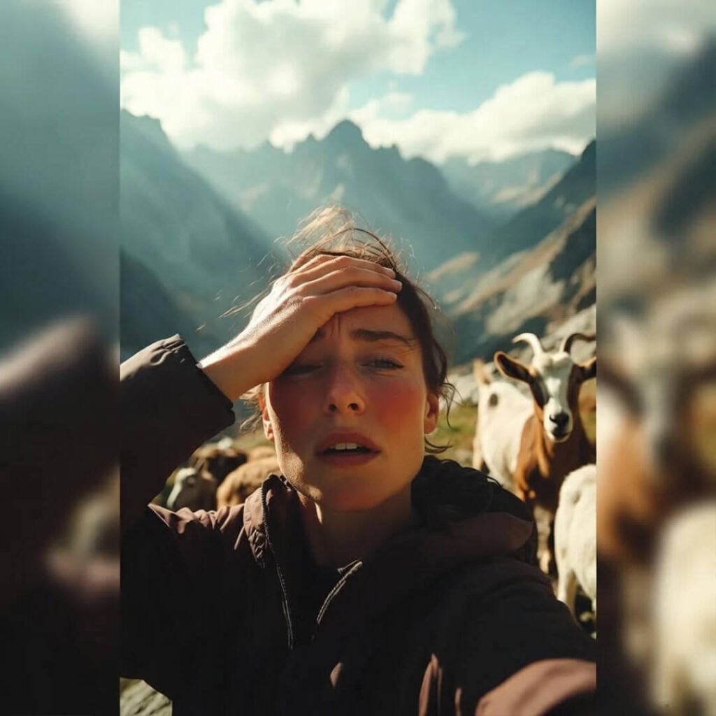 Flushed hiker dramatic pose, goats photobombing majestic peaks.