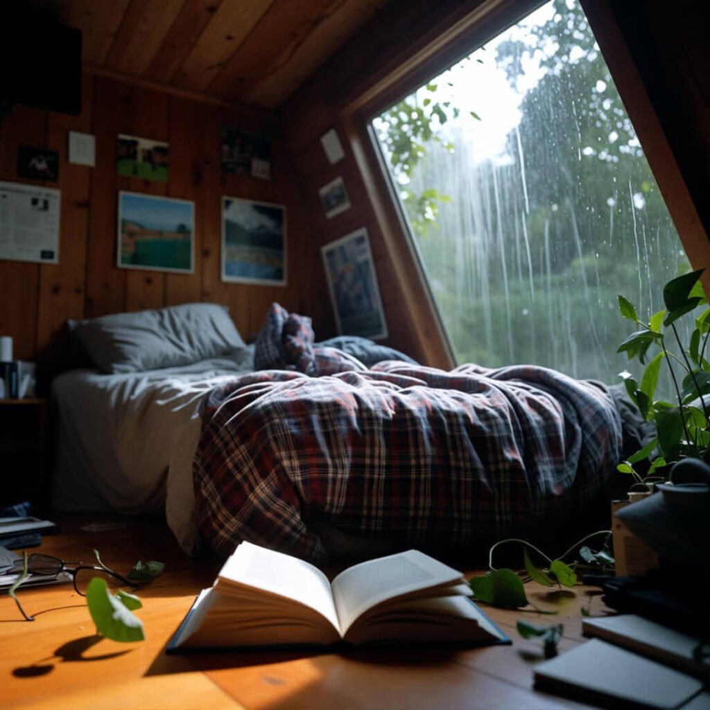 Rumpled plaid bed with upside-down book, rainy window.