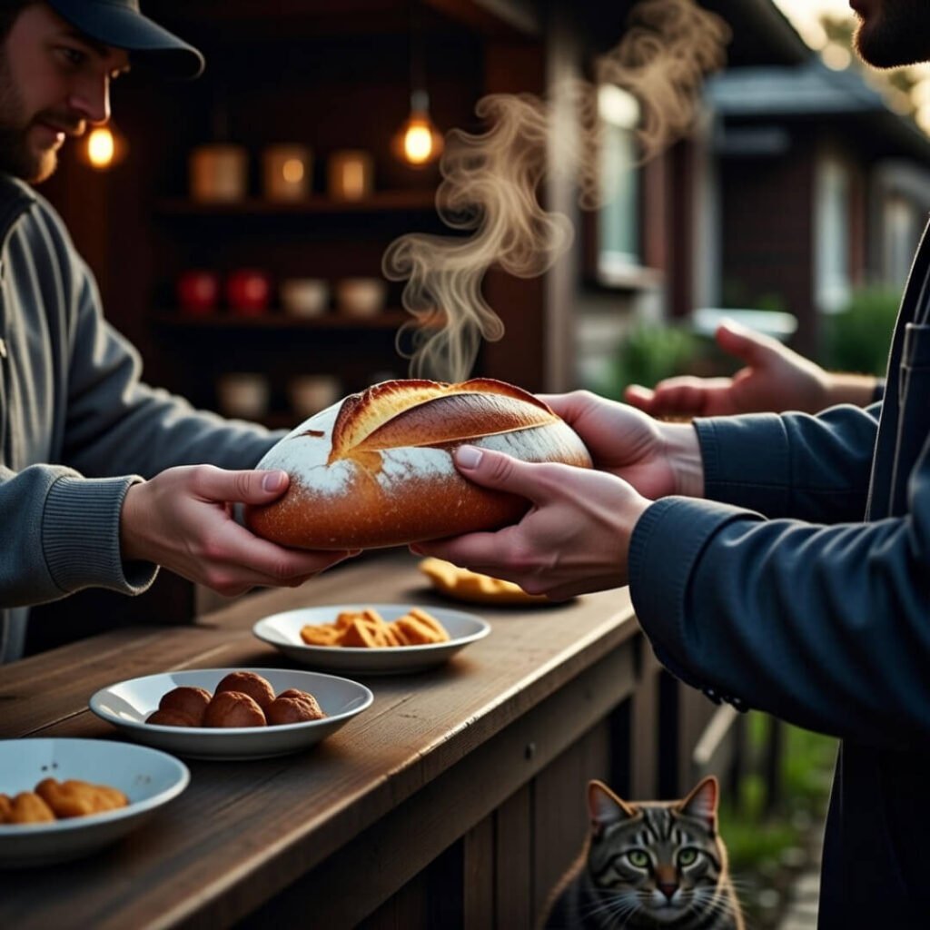 Hands passing steaming fresh bread with curious cat.