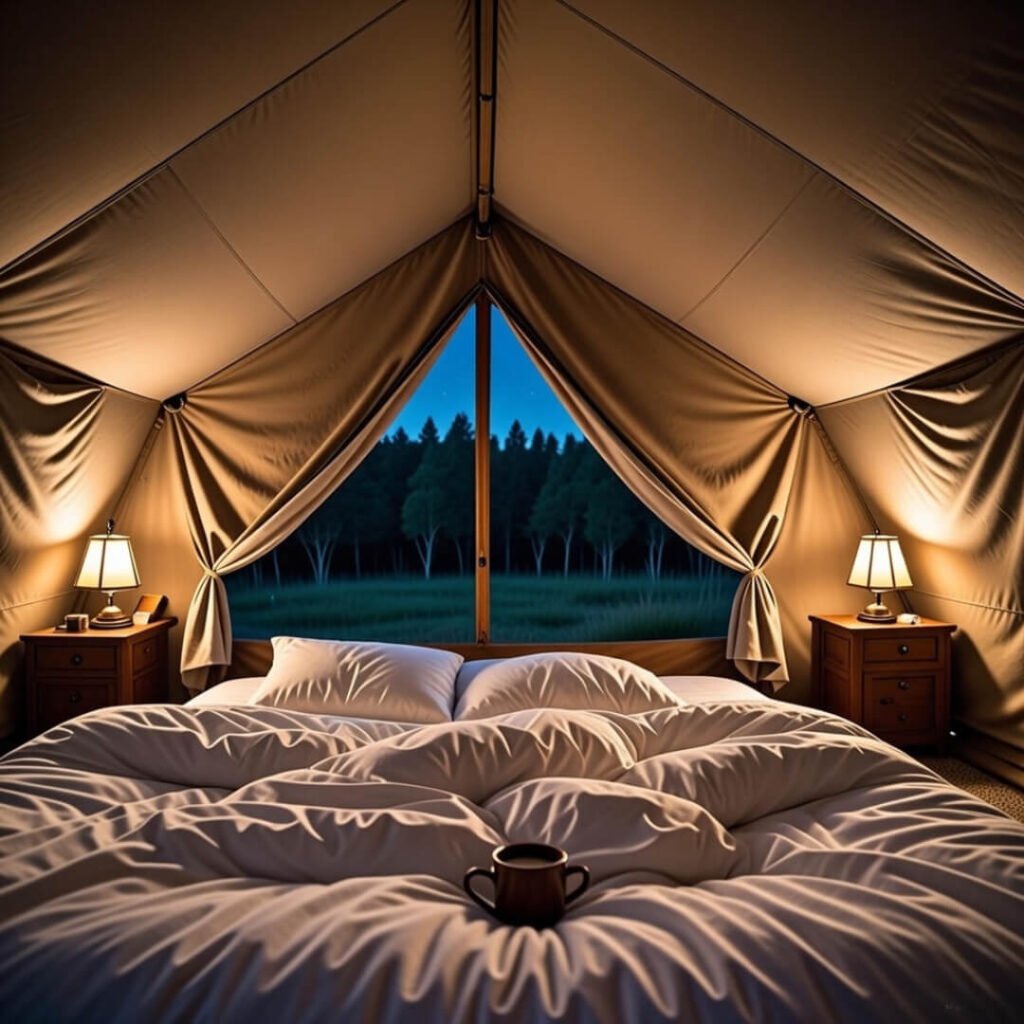Rumpled plush bed with coffee mug in glamping tent.