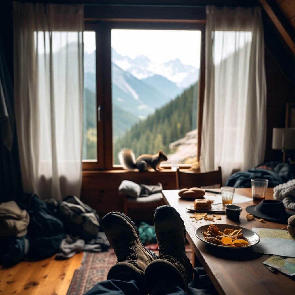 Cluttered cozy cabin, squirrel on sill, epic mountain view.