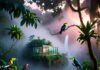 Wild and Wonderful: Best Jungle Stay Experiences You Can’t Miss Colorful toucans perch near misty glass lodge at dawn.