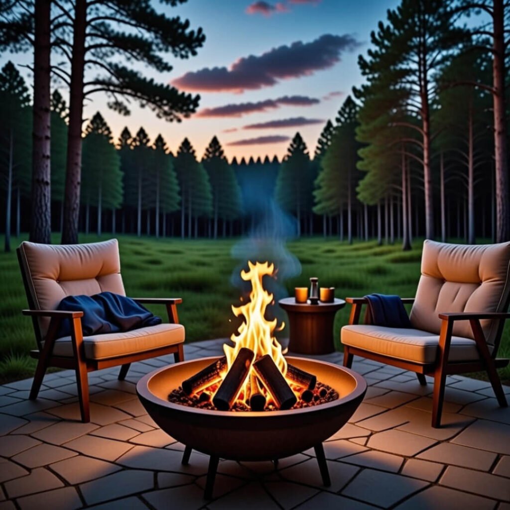 Glowing fire pit with draped jacket at dusk.