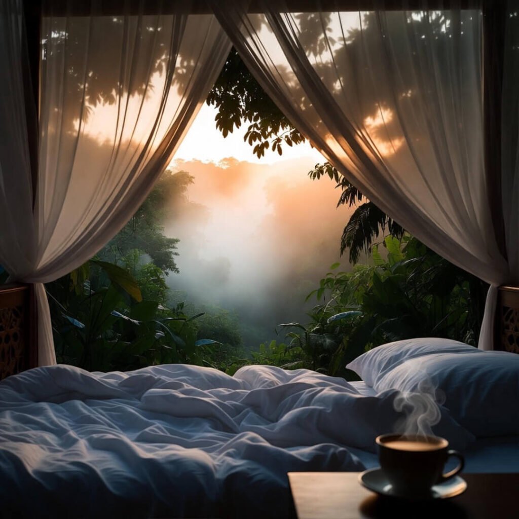 Terrified rafters approach jungle bungalow by river.