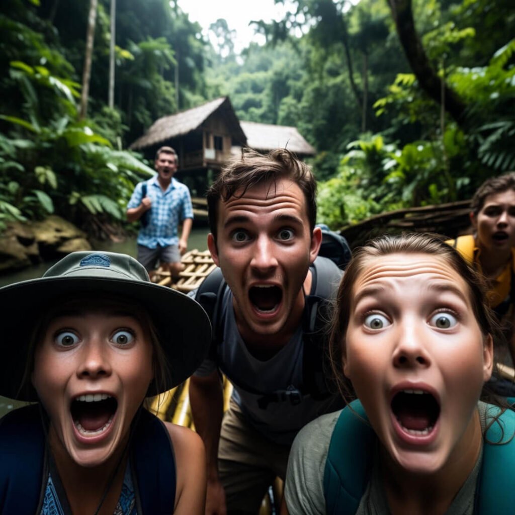 Messy bed view of misty sunrise over jungle canopy.