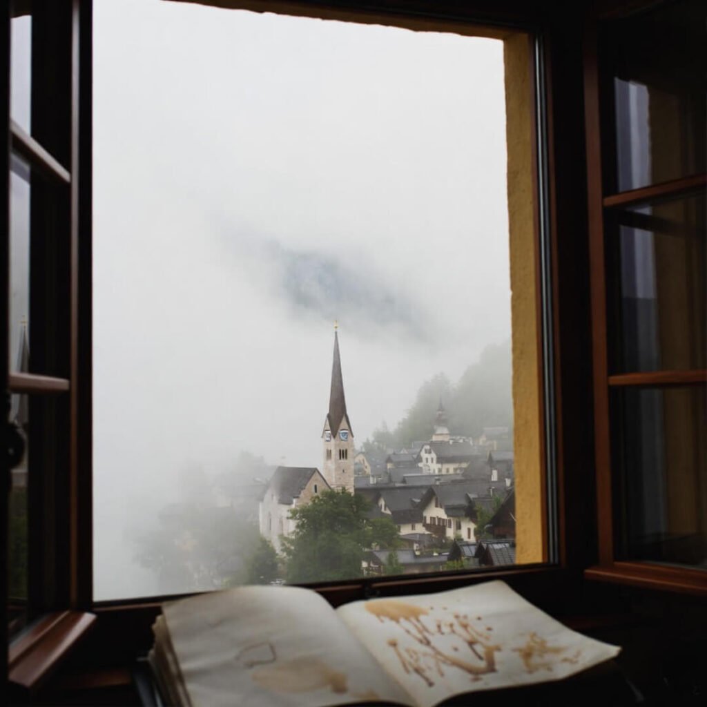 Foggy Hallstatt view through window, coffee-stained journal foreground.