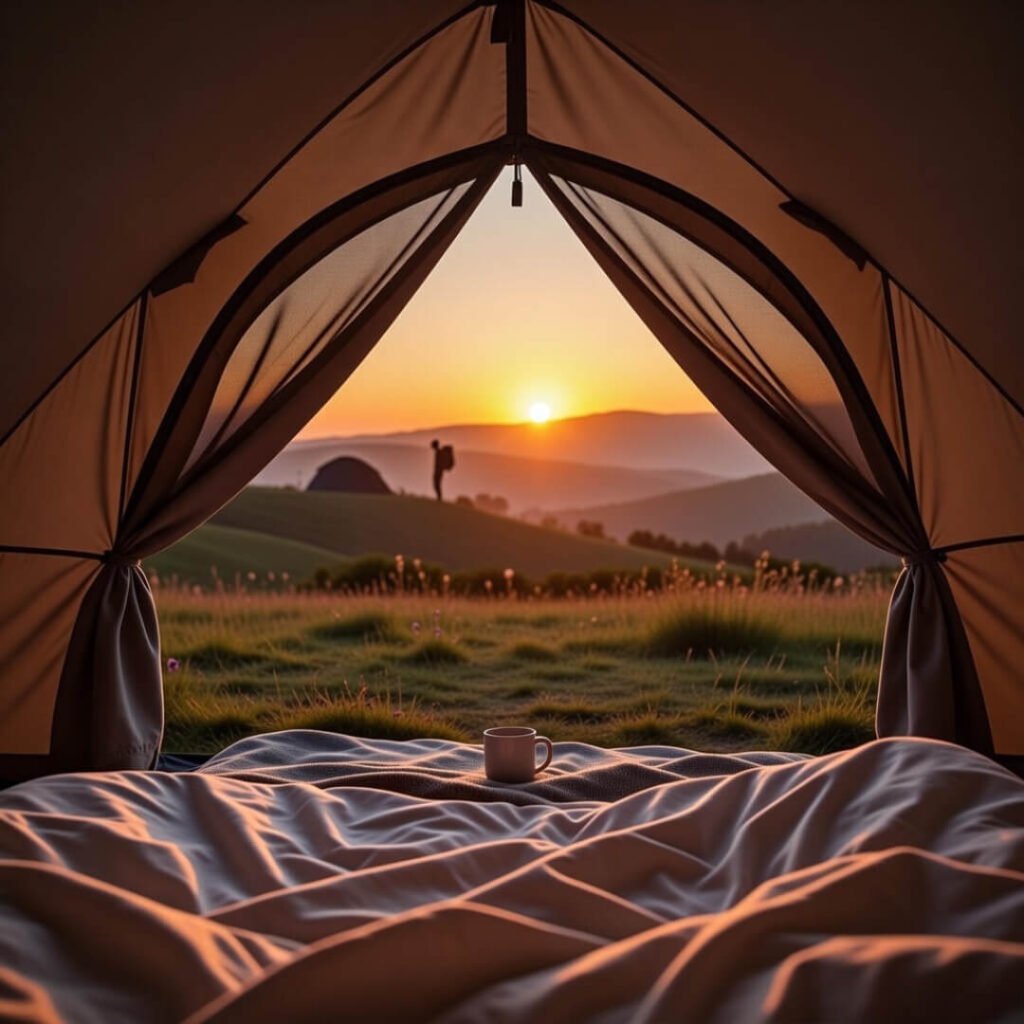 Messy backpacking tent on foggy cliff edge.