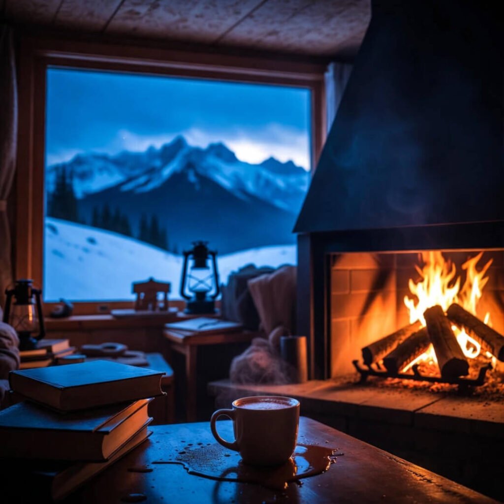 Cozy fireplace view of snowy mountains at dusk.