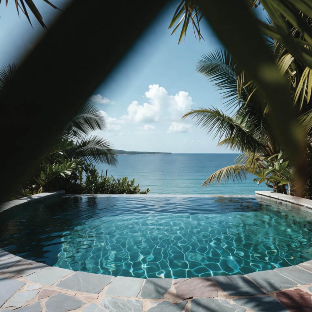 Sneaky palm-framed view of infinity pool merging with ocean.