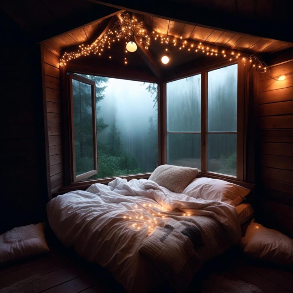 Cozy rumpled treehouse bed with fairy lights.