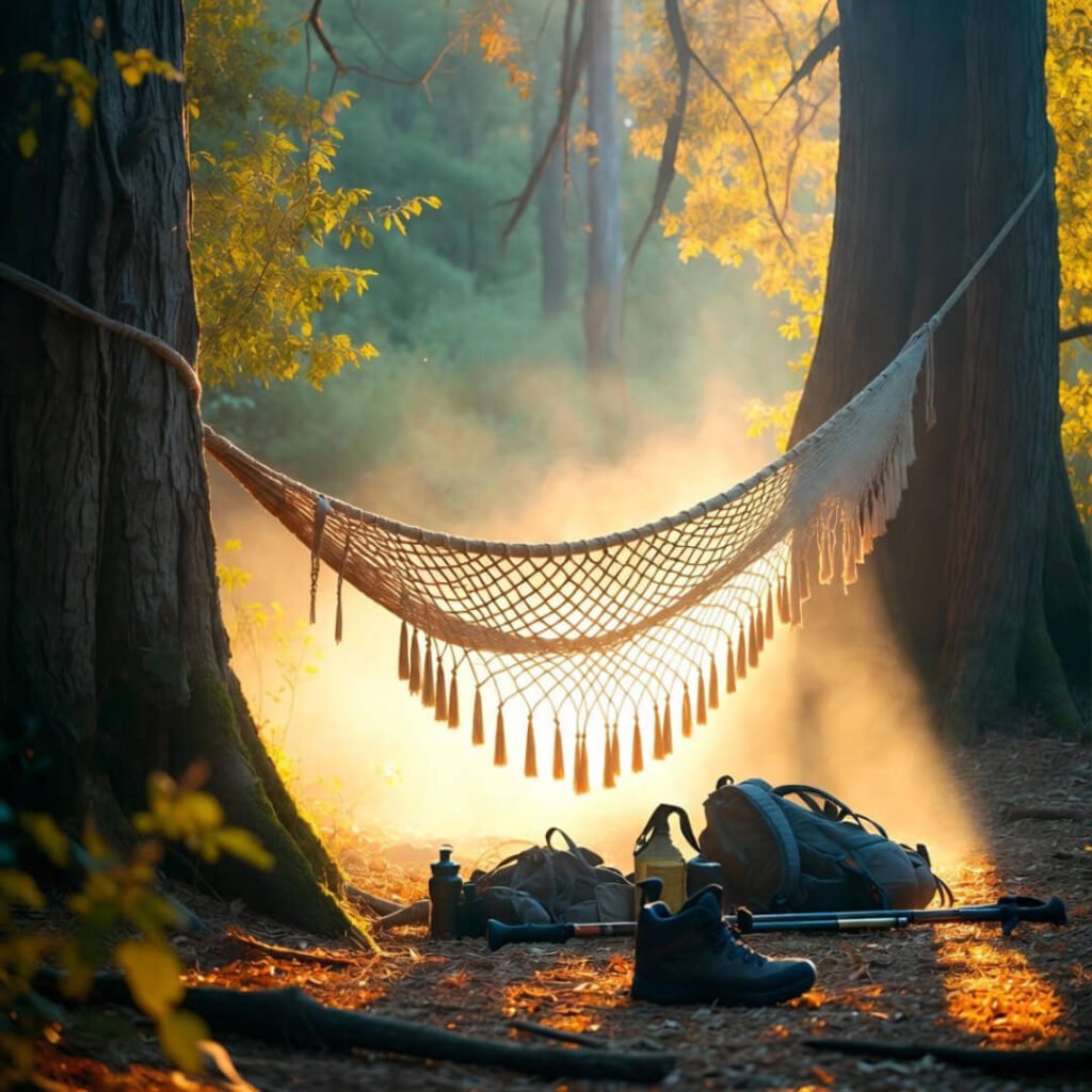 Golden hour hammock amid scattered hiking gear.
