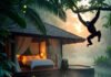 Where Adventure Meets Comfort: Best Jungle Stays to Book Now Luxurious jungle bungalow with swinging monkey at sunset.