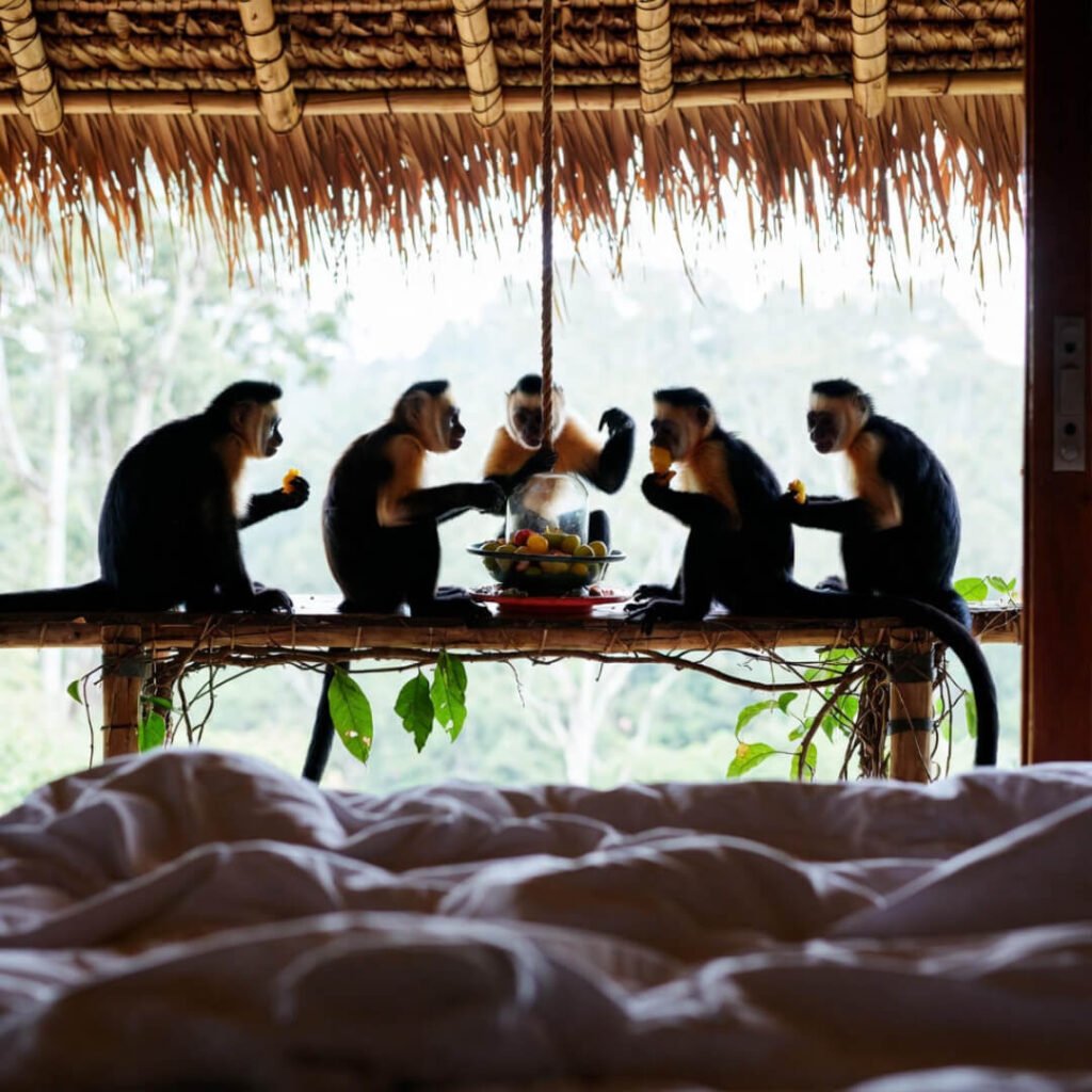 Capuchin monkeys raiding fruit feeder from bed view.