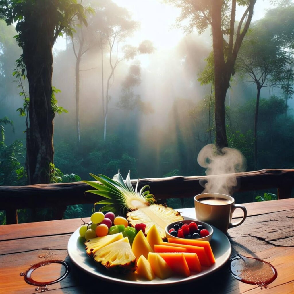 Steamy tropical breakfast overlooking misty rainforest veranda.