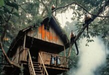 Curious capuchin monkeys on misty jungle treehouse.