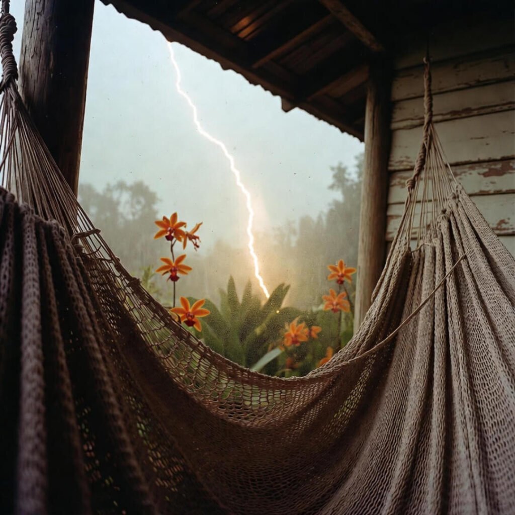 Rainy hammock view with orchids and lightning flash.