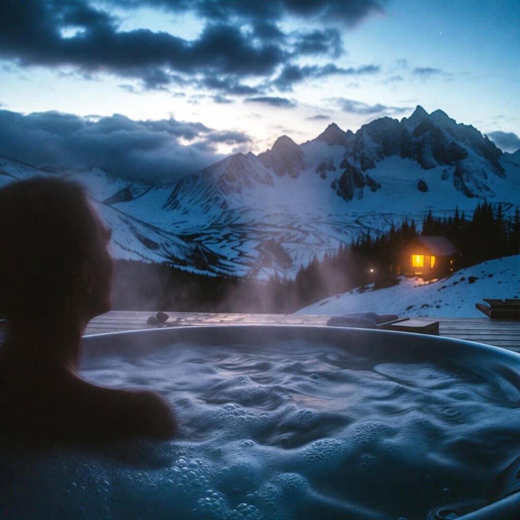 Steaming hot tub gaze at dramatic snowy peaks.