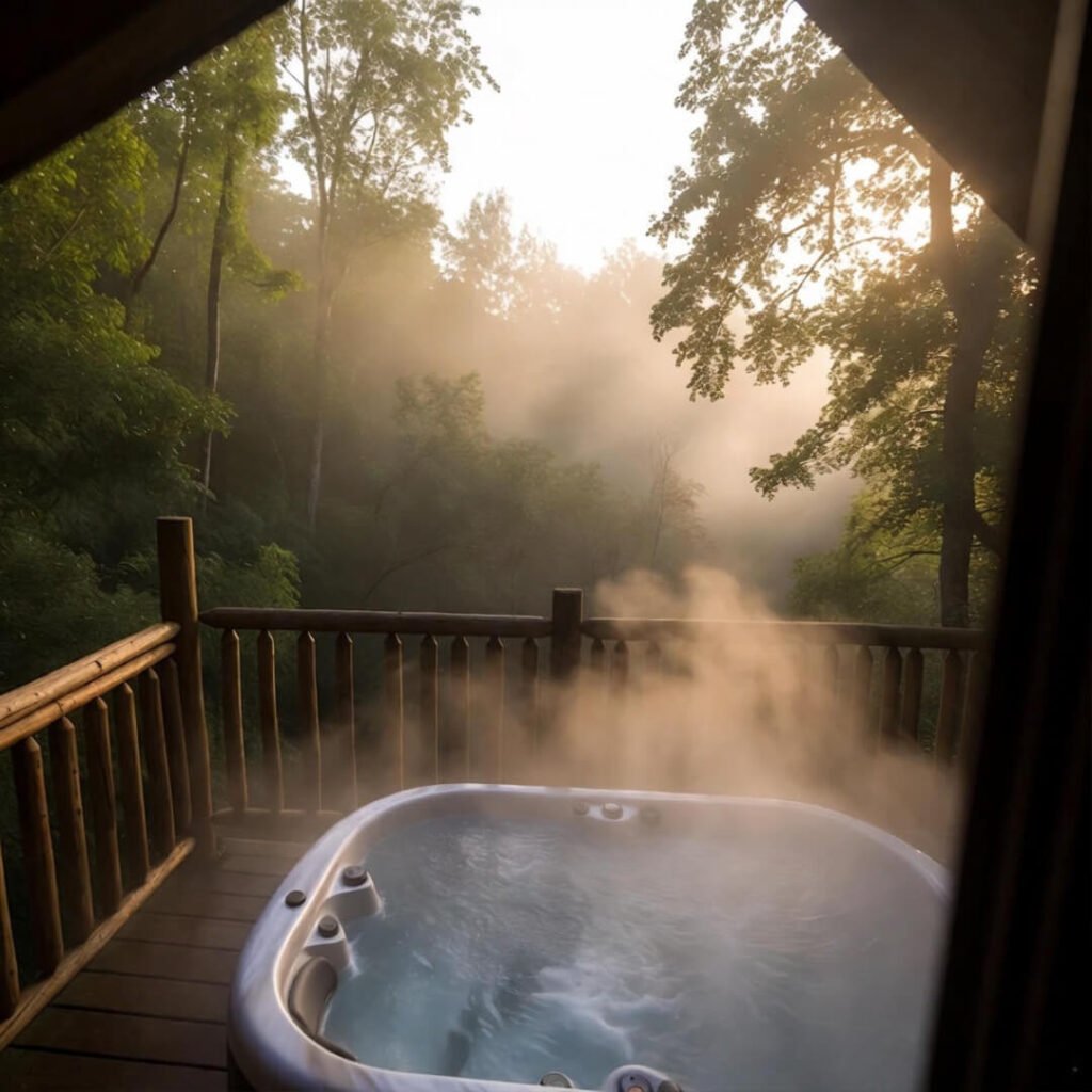 Steaming hot tub on foggy treehouse deck.