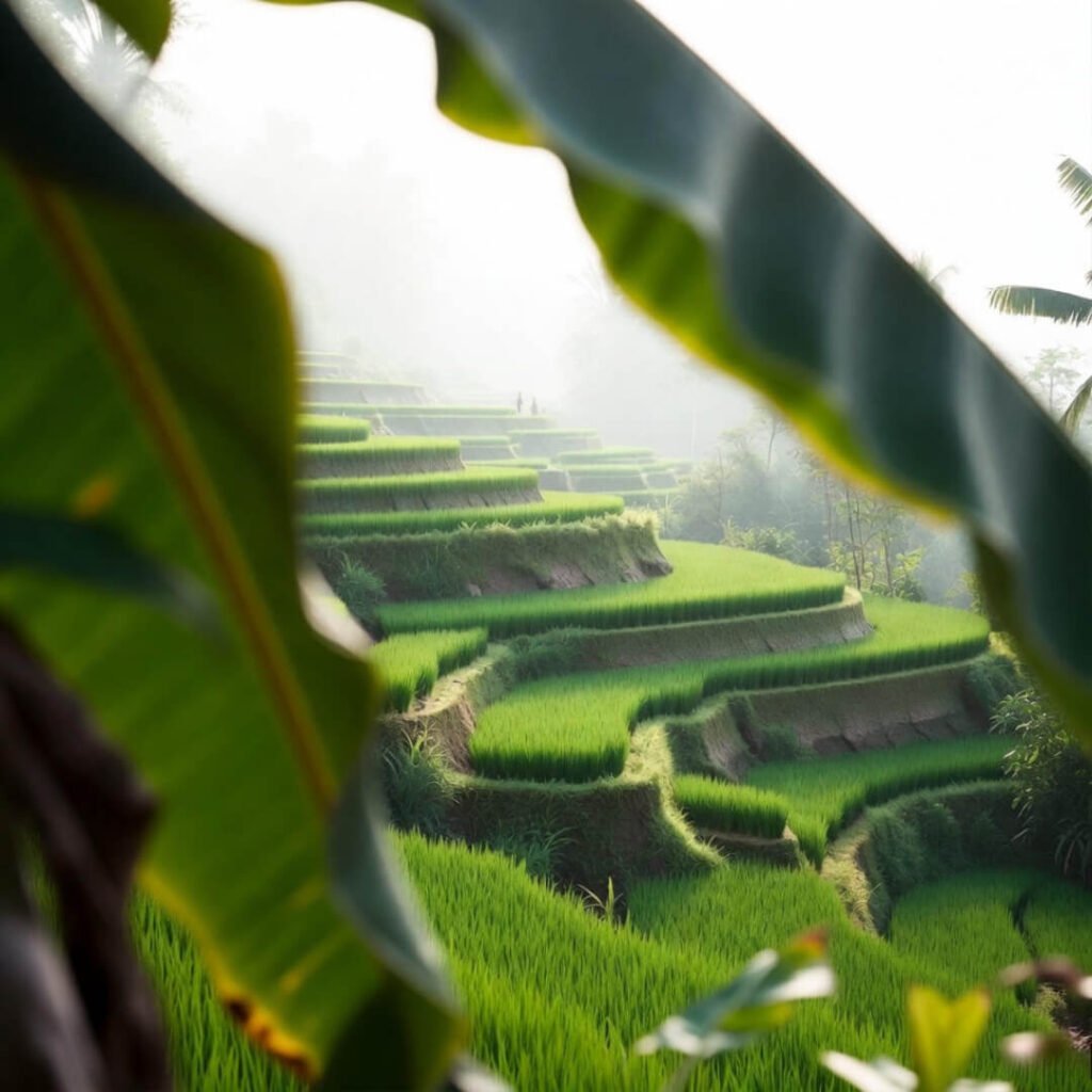 Framed view of lush misty Bali rice terraces through banana leaves.