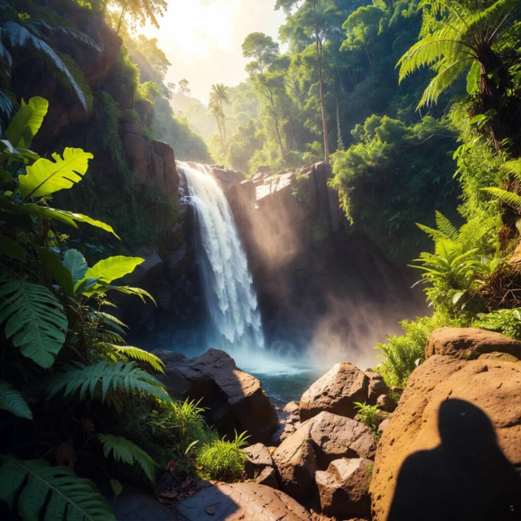 Hidden misty Bali waterfall with accidental shadow in corner.