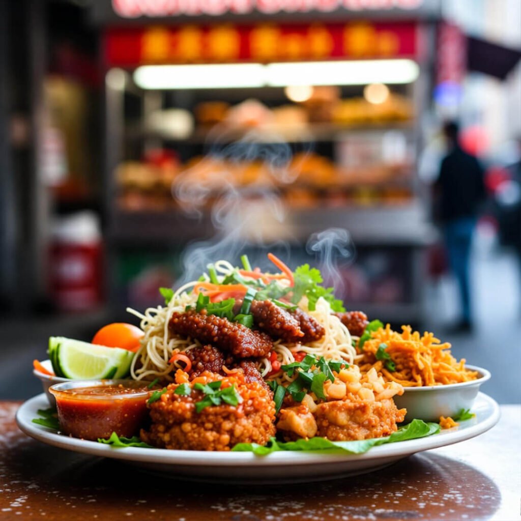 Steamy chaotic plate of Balinese nasi goreng and satay.
