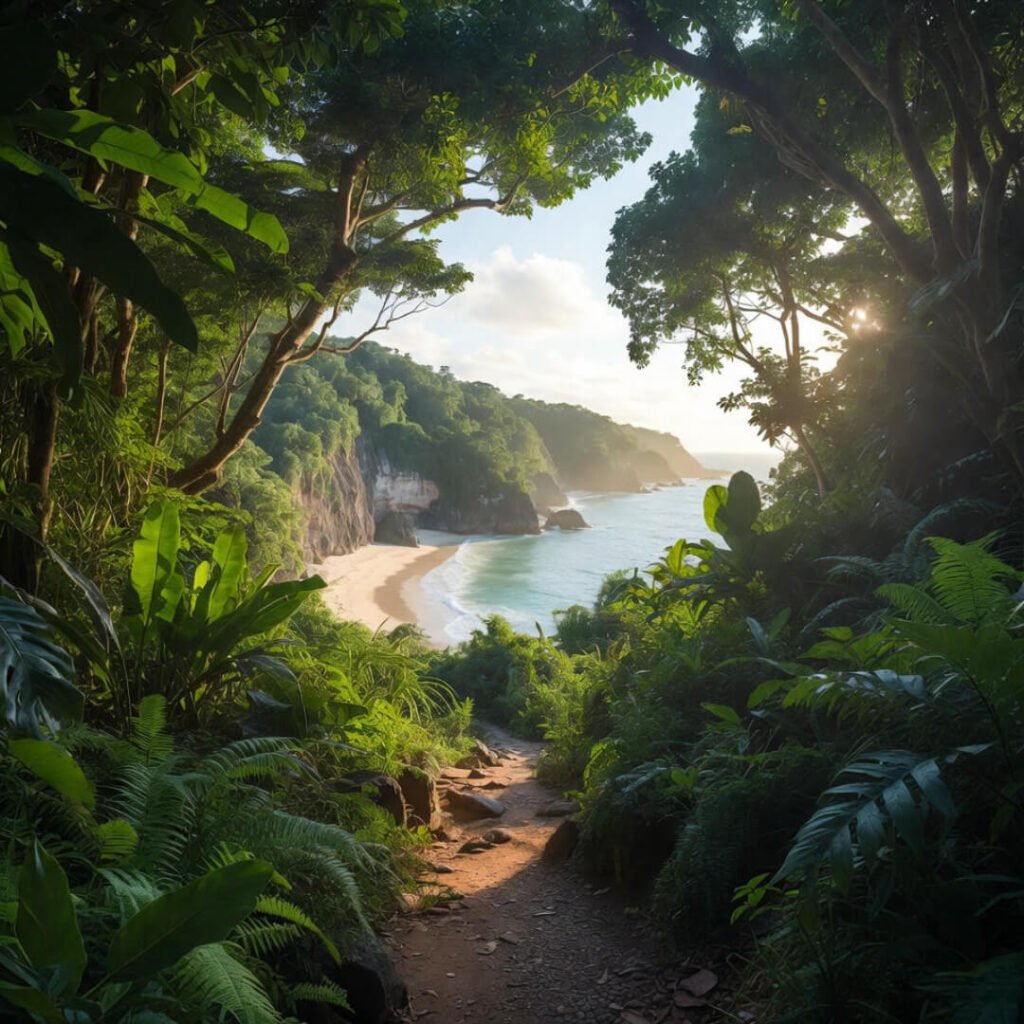 Jungle path leading to secluded cliff beach.