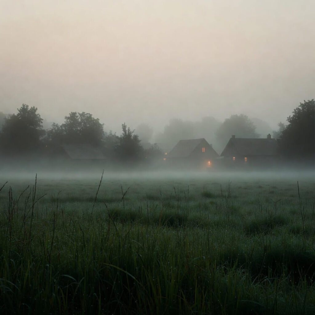 Misty dew-covered village fields at dawn.