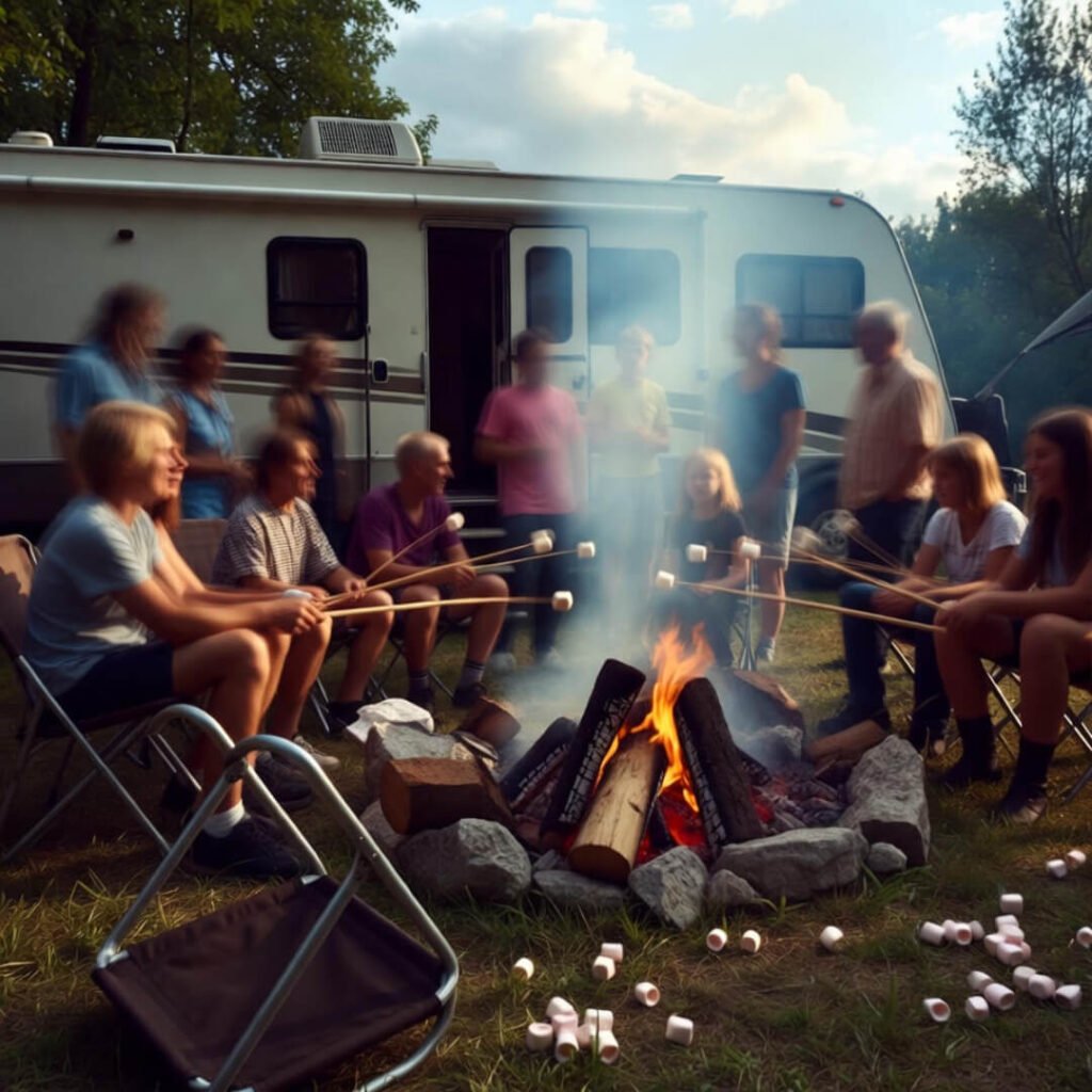 Chaotic family campfire with scattered marshmallows.