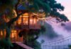 Childhood Dream Come True: 10 Stunning Treehouses You Can Stay In Twilight treehouse with glowing lights and suspension bridge.