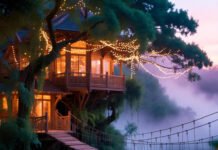 Twilight treehouse with glowing lights and suspension bridge.