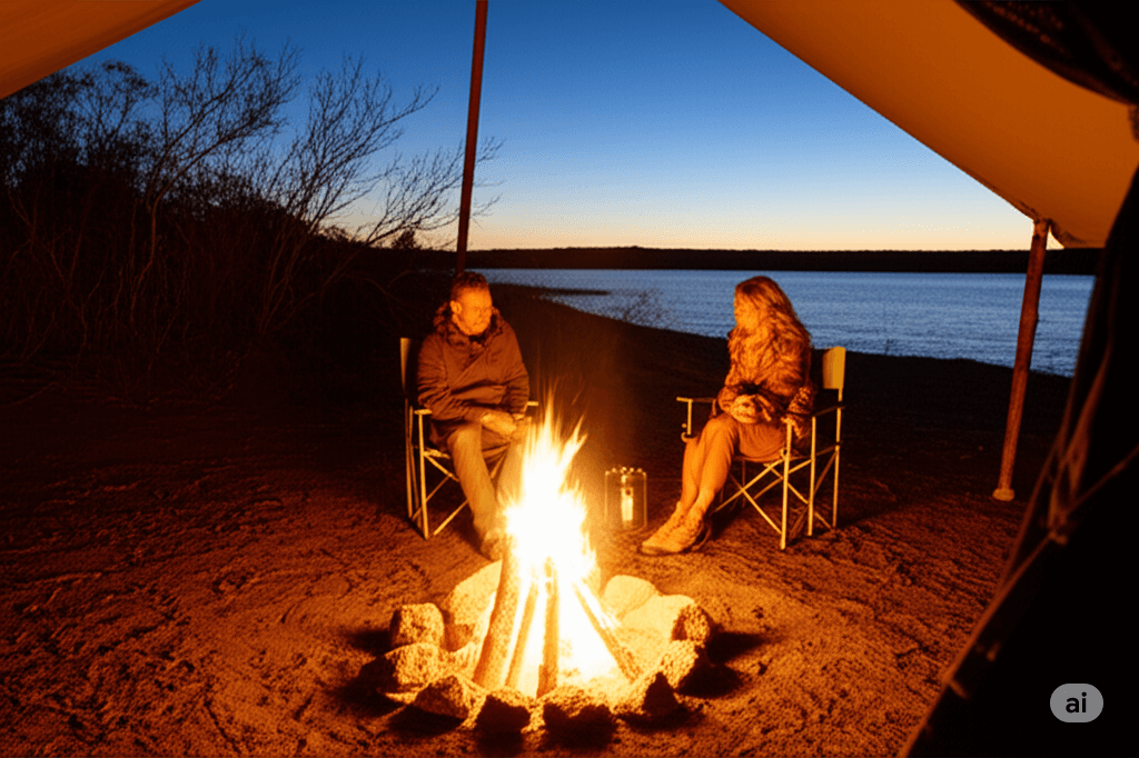 Couple at Campfire by Luxury Tent